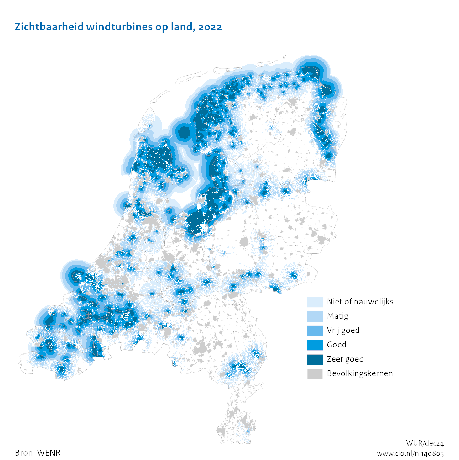 kaart van Nederland met zichtbaarheid van windturbines aangegeven in 5 oplopende klasses