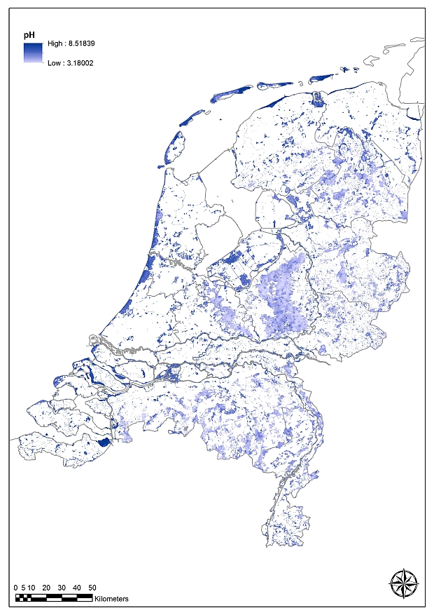 kaart van Nederland met de bodempH aangegeven op een kleurschaal van donkerblauw naar lichtblauw