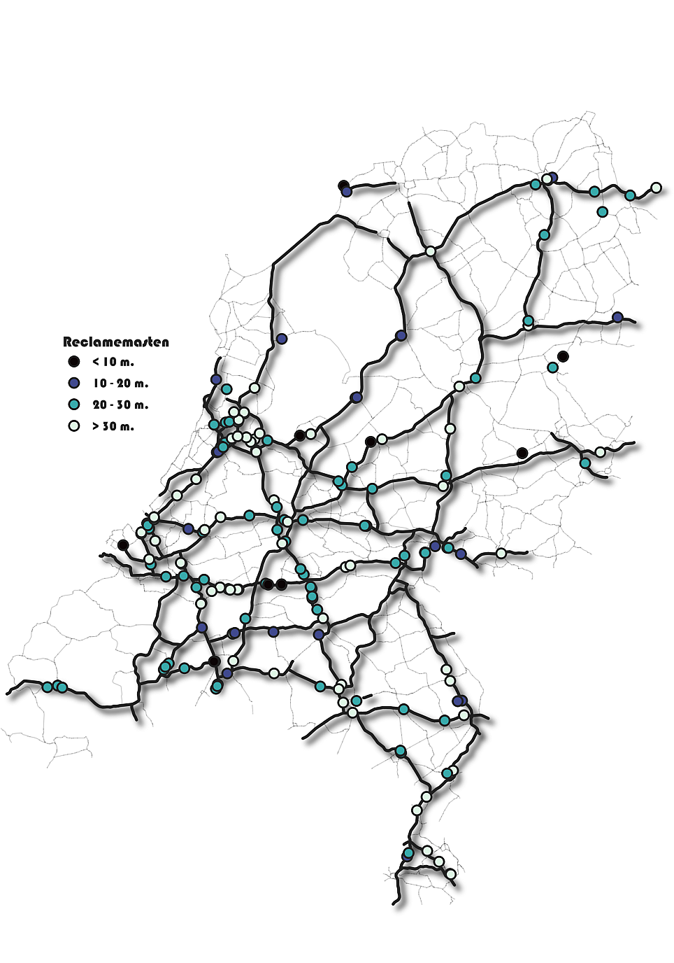 kaart van Nederland met hoofd- en snelwegen en locaties van reclamemasten aangegeven als bolletjes